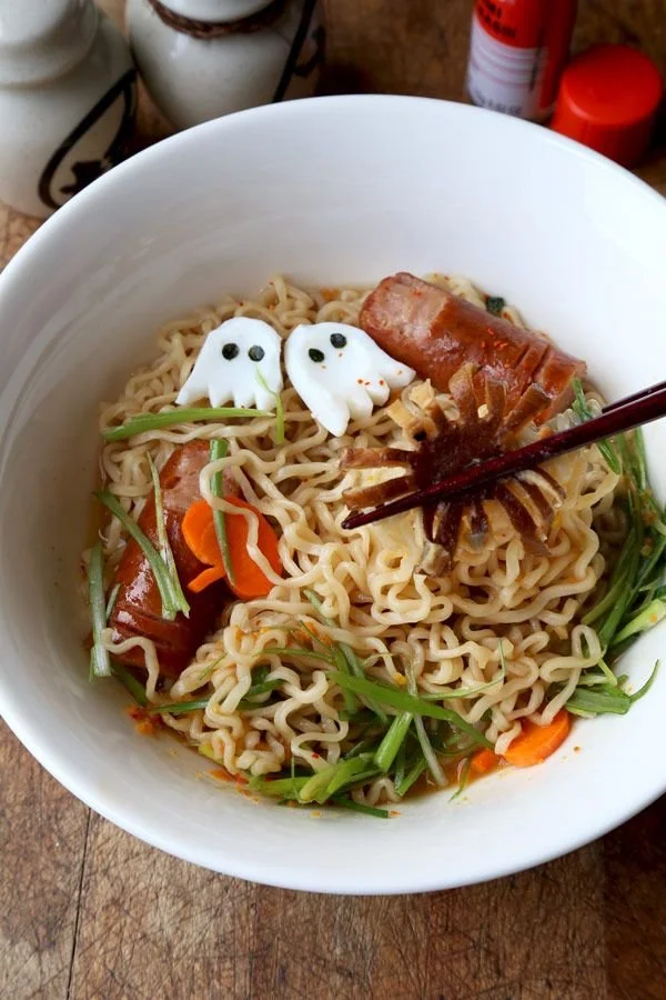 Halloween-themed Ramen dish with spooky garnishes and decorations