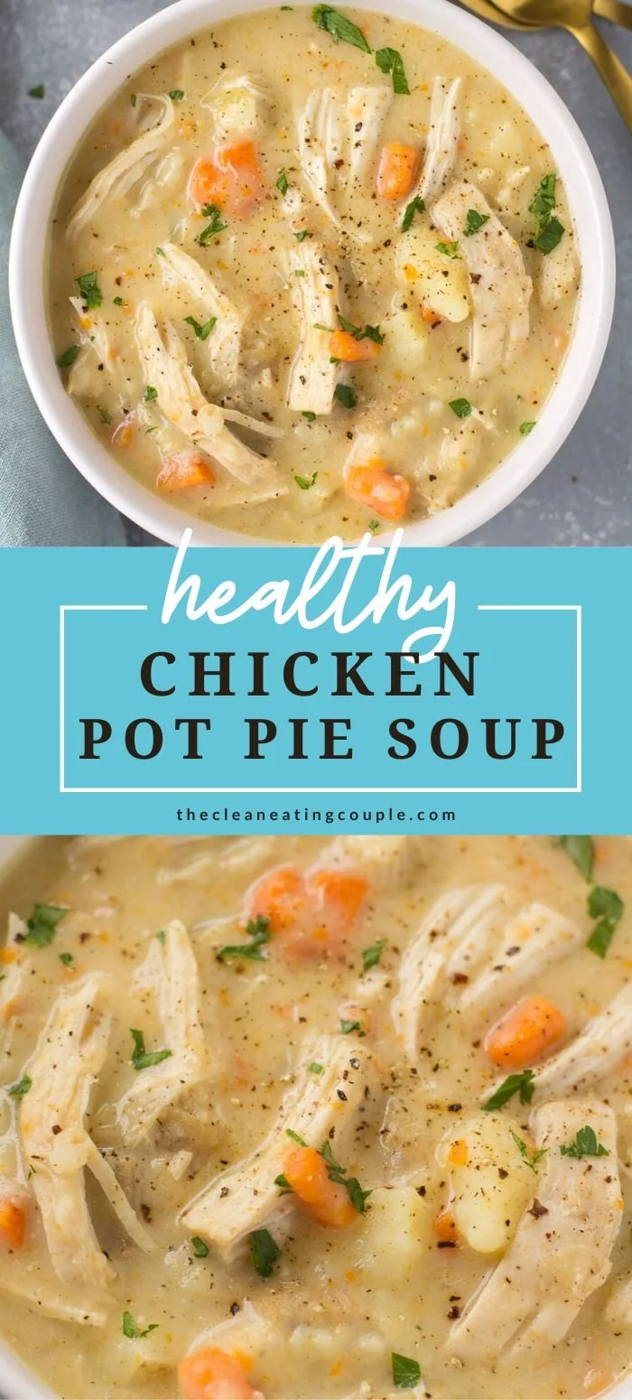 Bowl of healthy chicken pot pie soup made with fresh vegetables and tender chicken