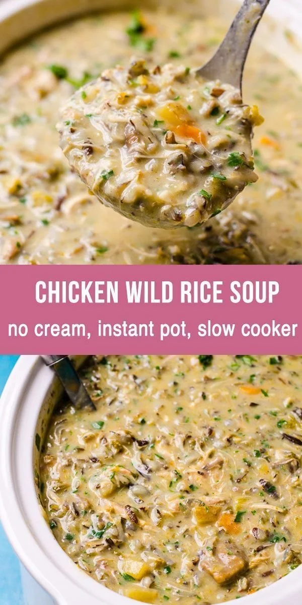 Healthy chicken wild rice soup cooking in a pot, made with fresh ingredients.