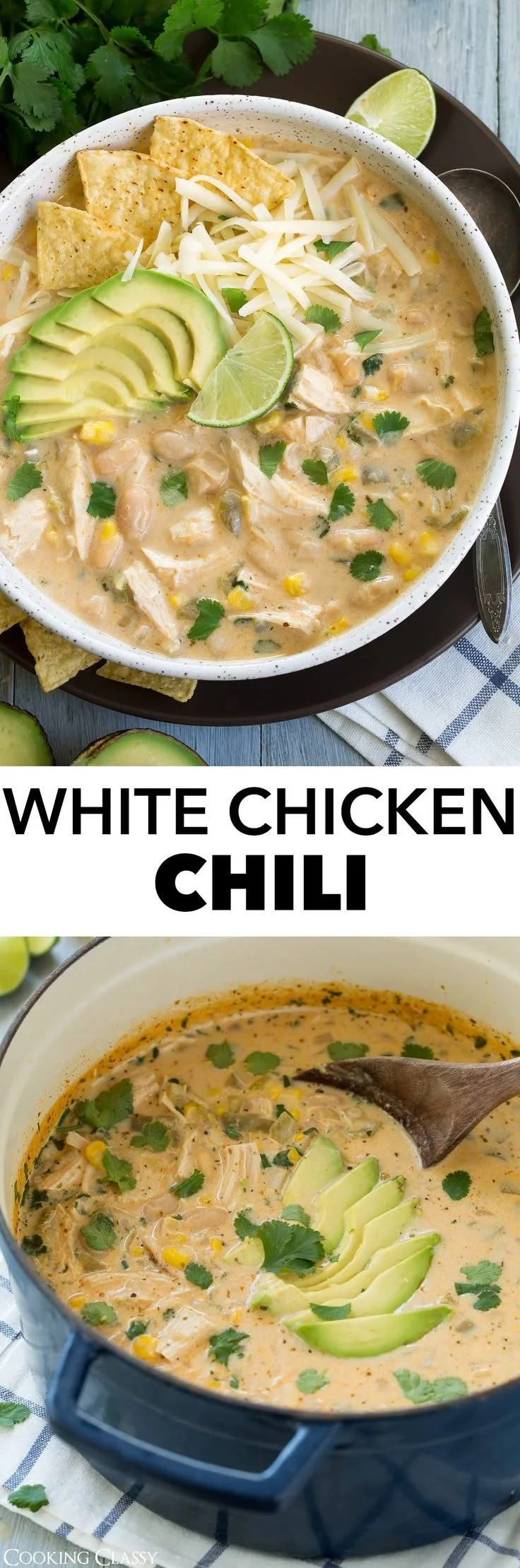 Bowl of hearty white chicken chili topped with cilantro and jalapeños.