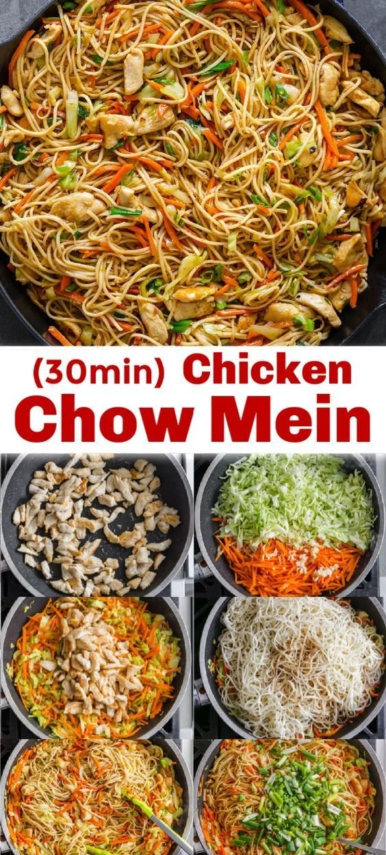 Plate of homemade Chicken Chow Mein topped with fresh vegetables and savory sauce.