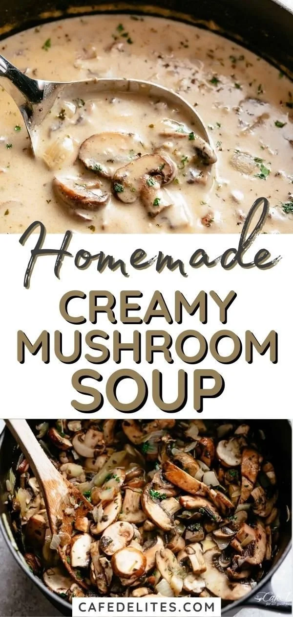 A bowl of homemade cream of mushroom soup garnished with herbs.