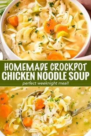 Bowl of homemade chicken noodle soup made in a crockpot