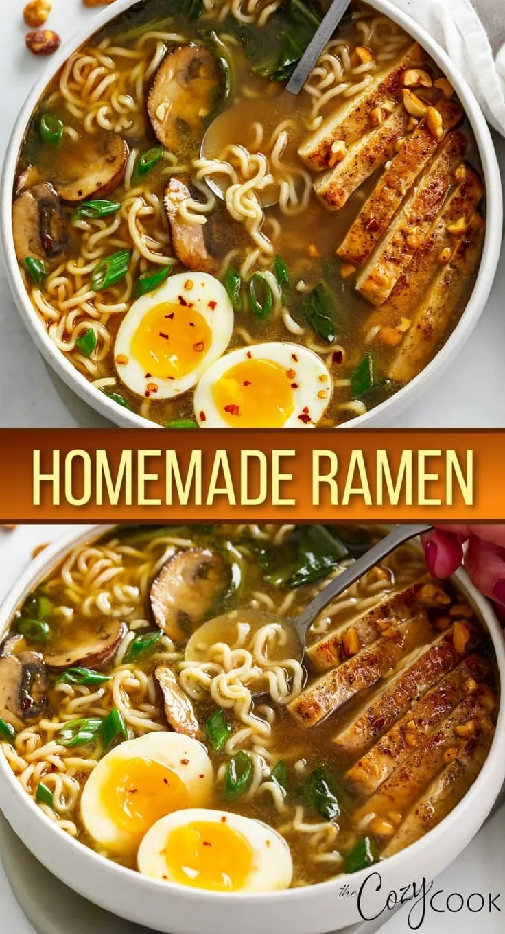 Bowl of homemade pork belly ramen garnished with green onions and boiled egg