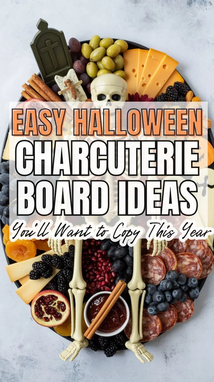 Halloween themed charcuterie board with spooky snacks and decorations