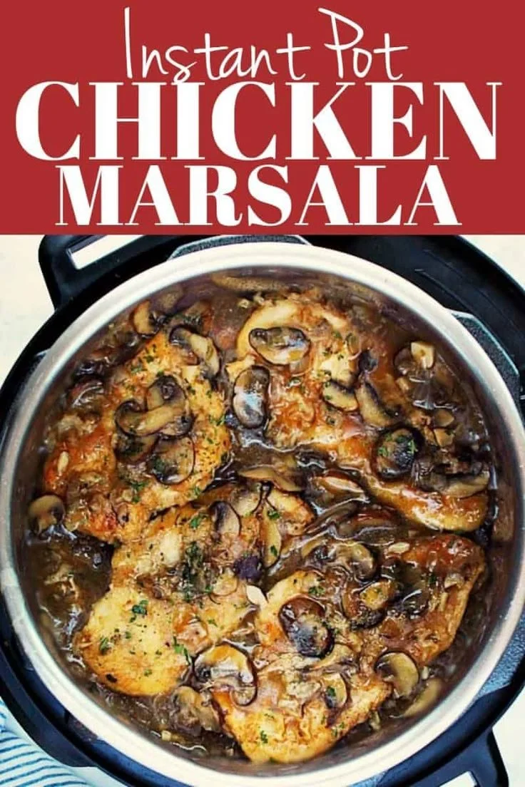 Delicious Instant Pot Chicken Marsala served with mushrooms and wine sauce