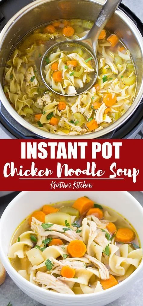 Instant Pot chicken noodle soup with veggies and noodles in a bowl