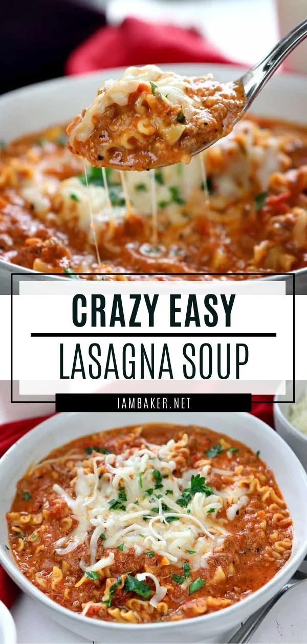Delicious bowl of lasagna soup garnished with cheese and fresh herbs