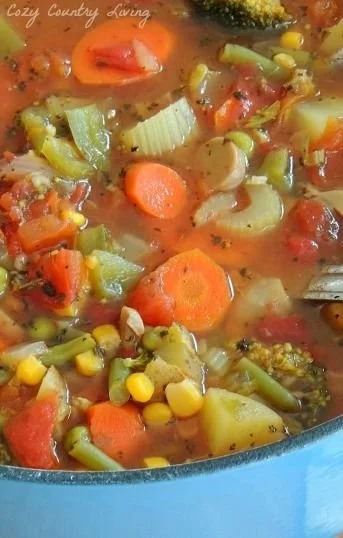 A bowl of loaded vegetable soup filled with fresh vegetables and herbs.