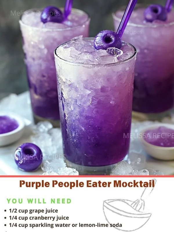 Purple People Eater mocktail recipe with vibrant ingredients on display