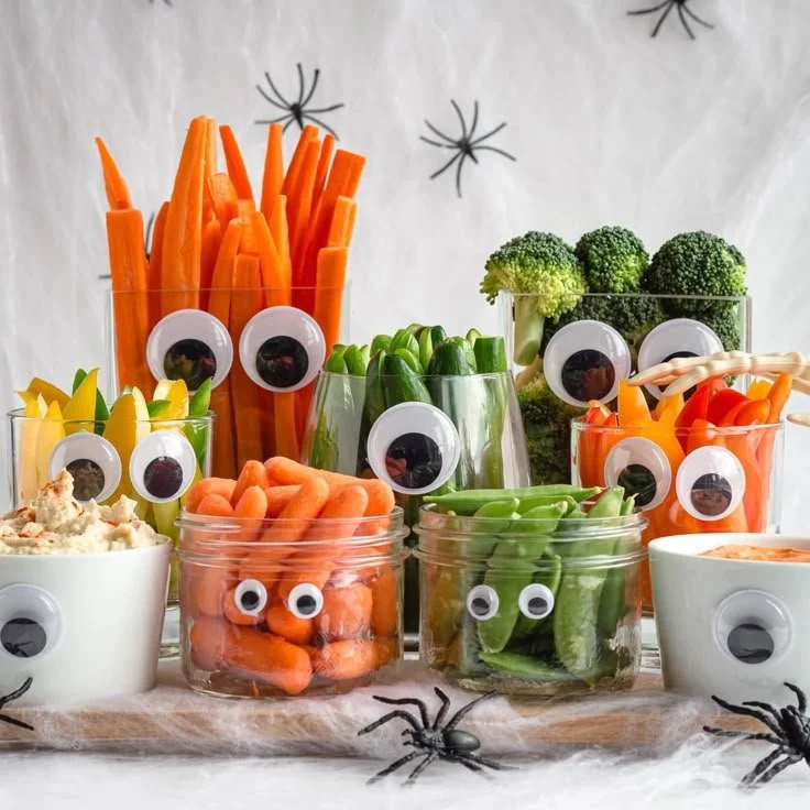 Monster Halloween Veggie Tray featuring fun and easy Halloween appetizers for kids.