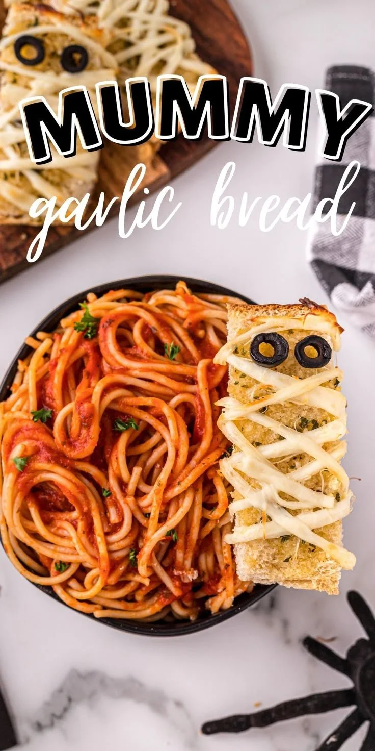 Plate of monster spaghetti perfect for Halloween dinner