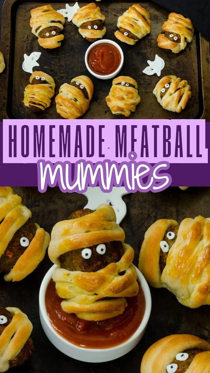 Spooky Mummy Meatloaf Balls Halloween treats decorated with cheese