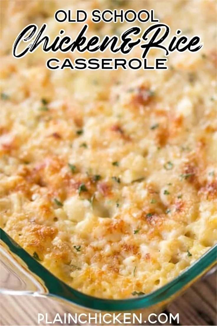 Old School Chicken and Rice Casserole dish served in a baking dish