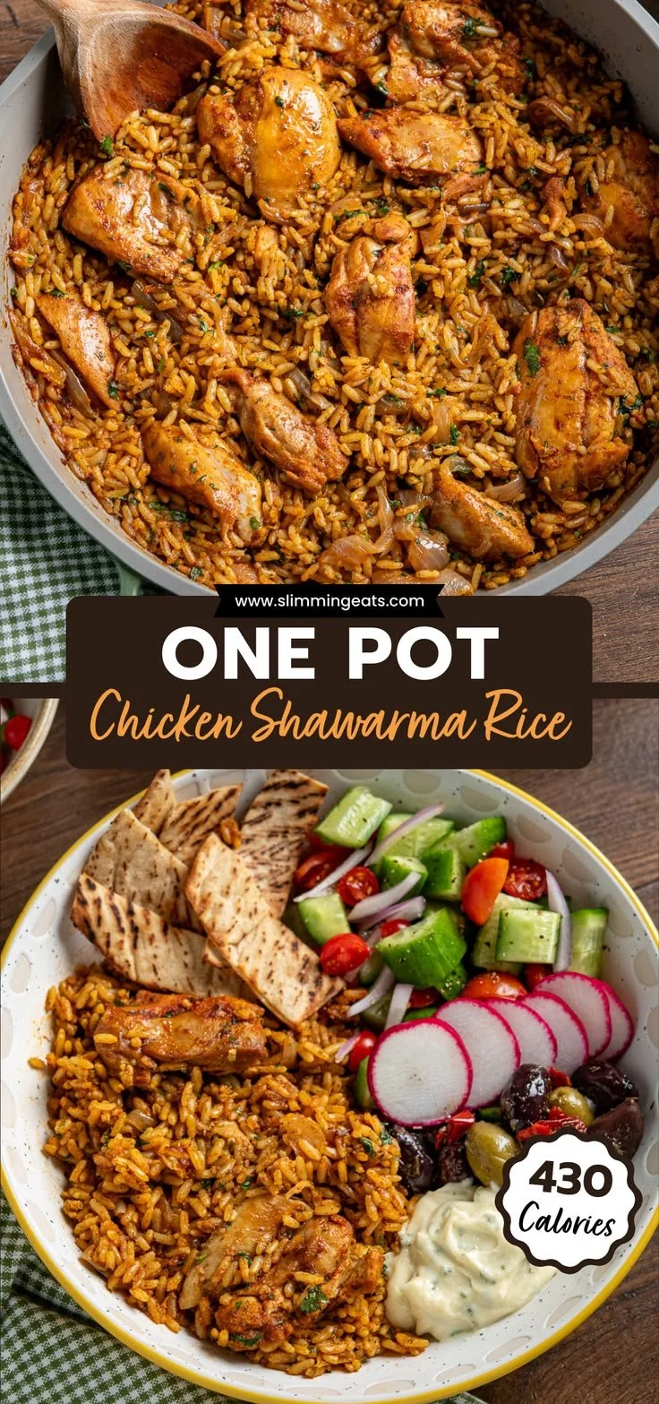 One pot shawarma chicken and rice dish with spices and herbs