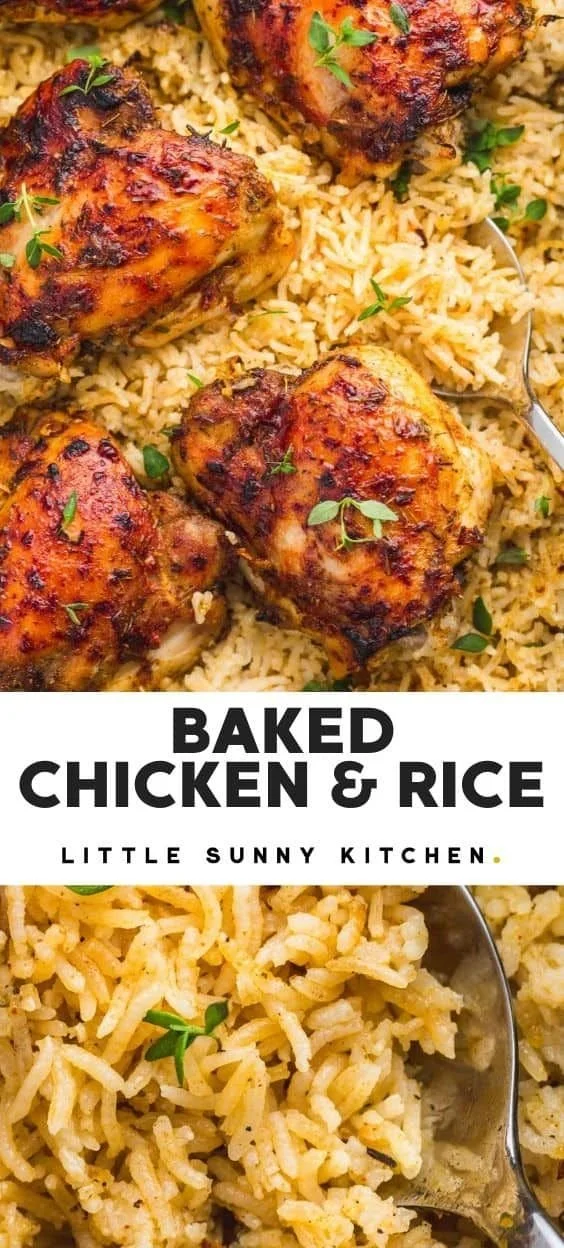 Oven baked chicken thighs served with fluffy rice in a one pot meal