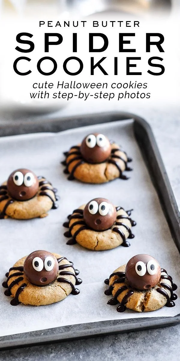 Peanut butter spider cookies decorated with chocolate and candy