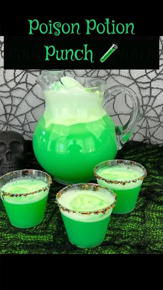 Poison Potion Punch Halloween drink for kids in a spooky themed glass