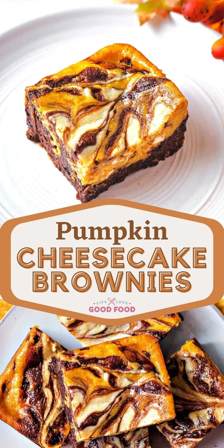Delicious Pumpkin Cheesecake Brownies topped with whipped cream and pumpkin pie spice