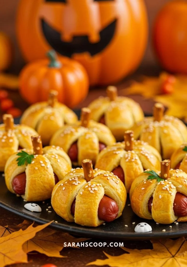Halloween-themed pigs in a blanket with candy corn for a festive pumpkin patch party