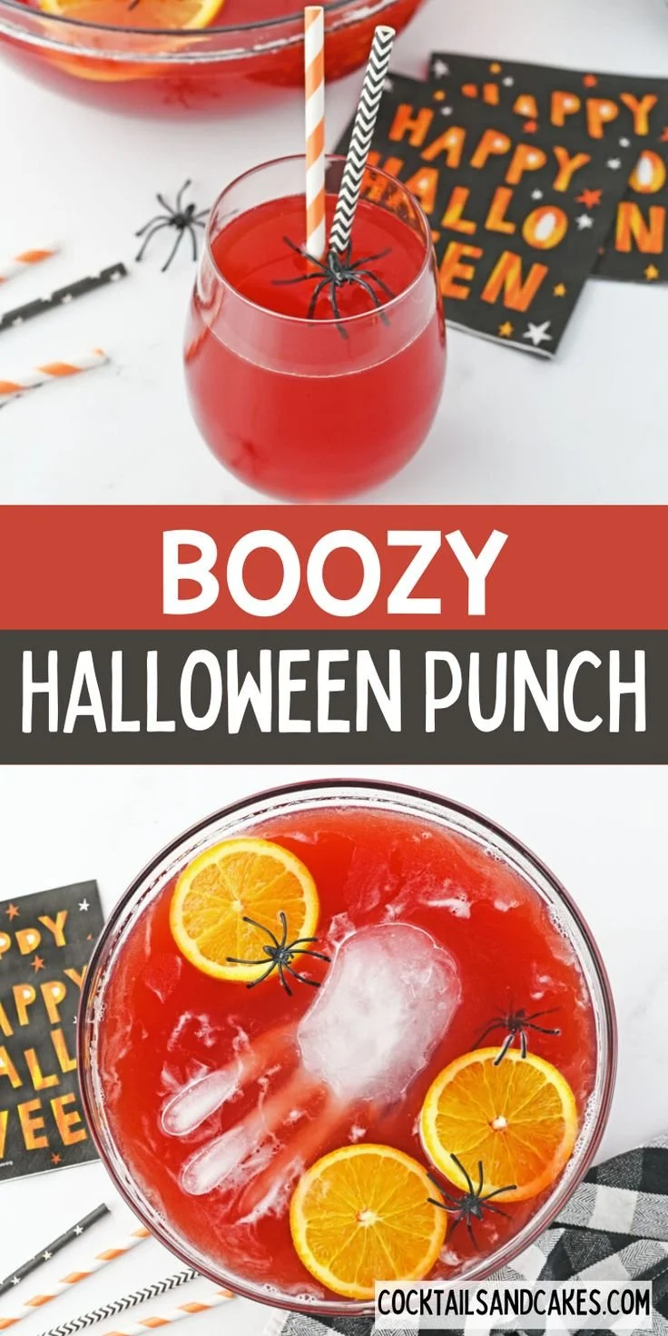 Red Halloween Punch with Vodka in a spooky themed drink setting