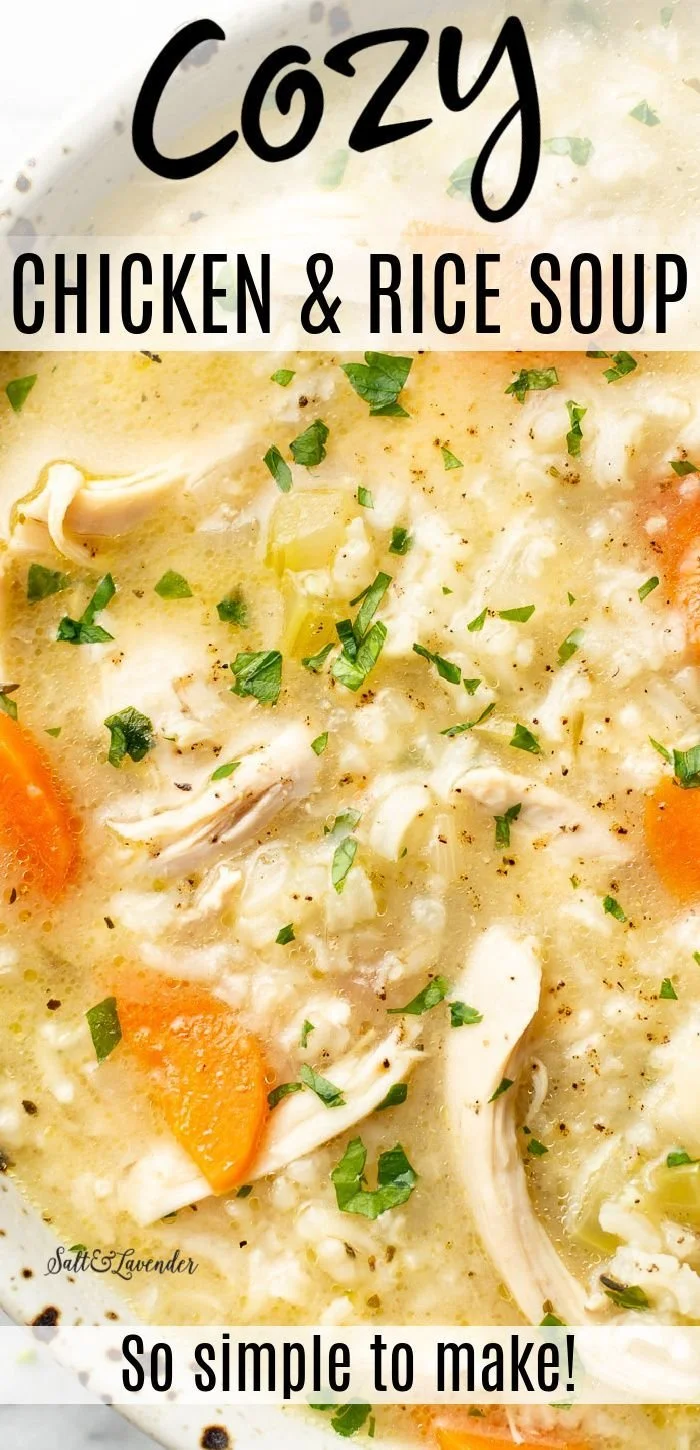 Bowl of simple chicken rice soup with vegetables and herbs.