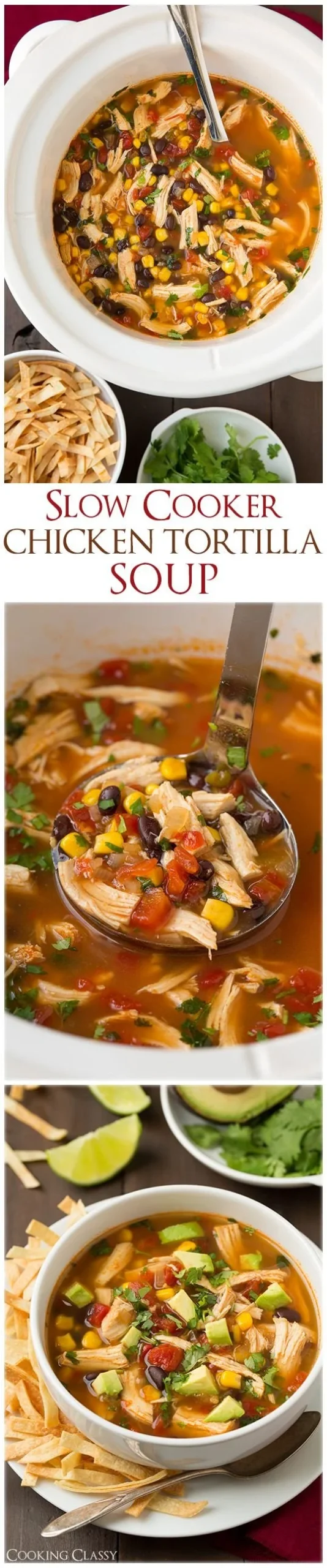 Delicious slow cooker chicken tortilla soup topped with tortilla strips and avocado.