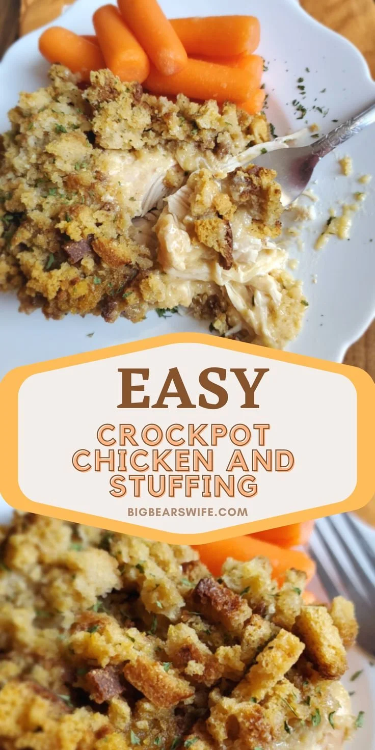 Slow cooker chicken with stuffing in a crock pot for a comforting meal.