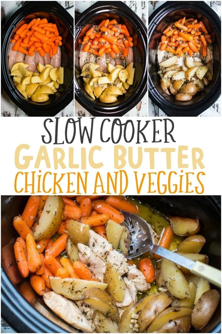 Slow Cooker Garlic Butter Chicken with carrots and vegetables in a crockpot