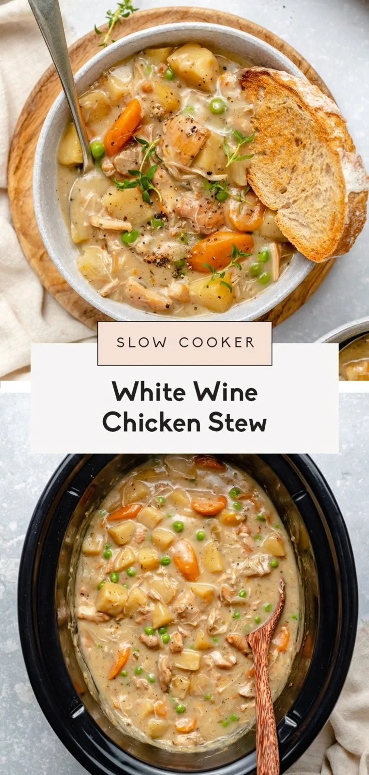 Slow Cooker White Wine Chicken Stew with vegetables and herbs