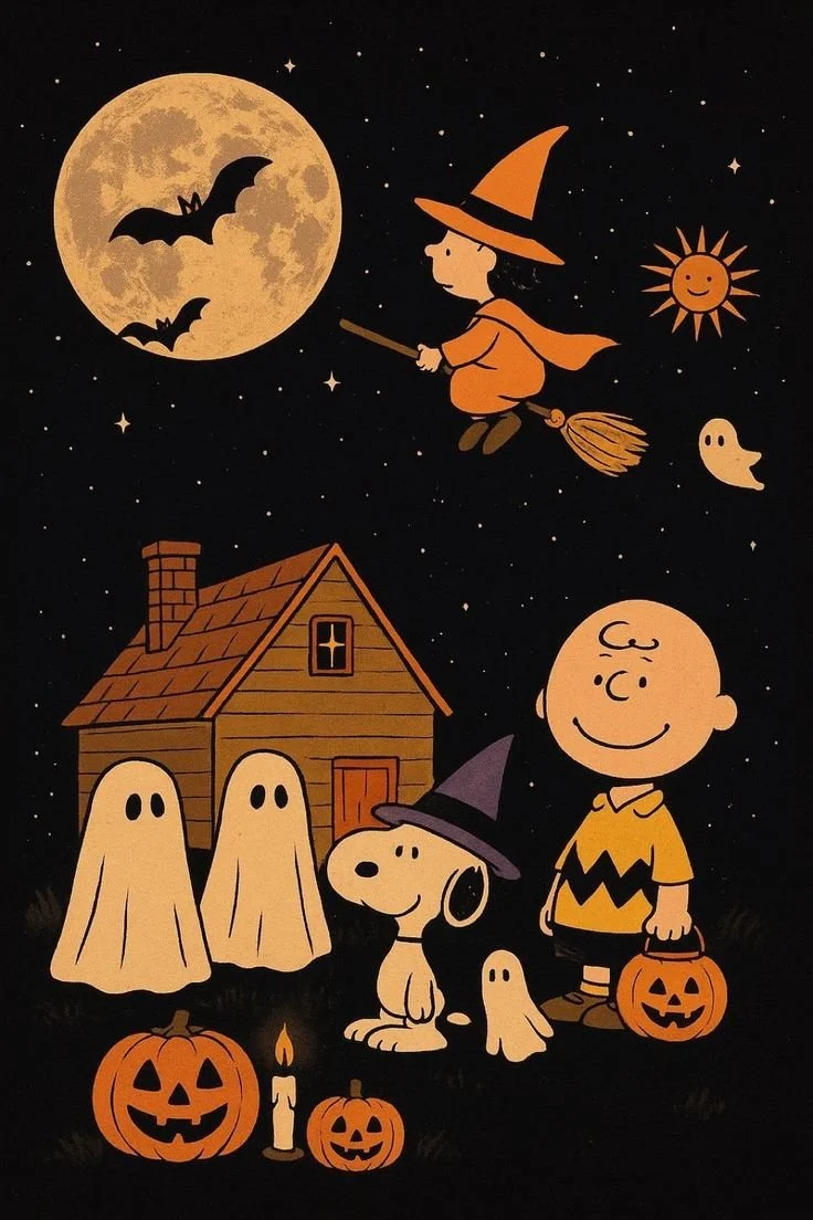 Snoopy Halloween poster featuring Charlie Brown and spooky designs