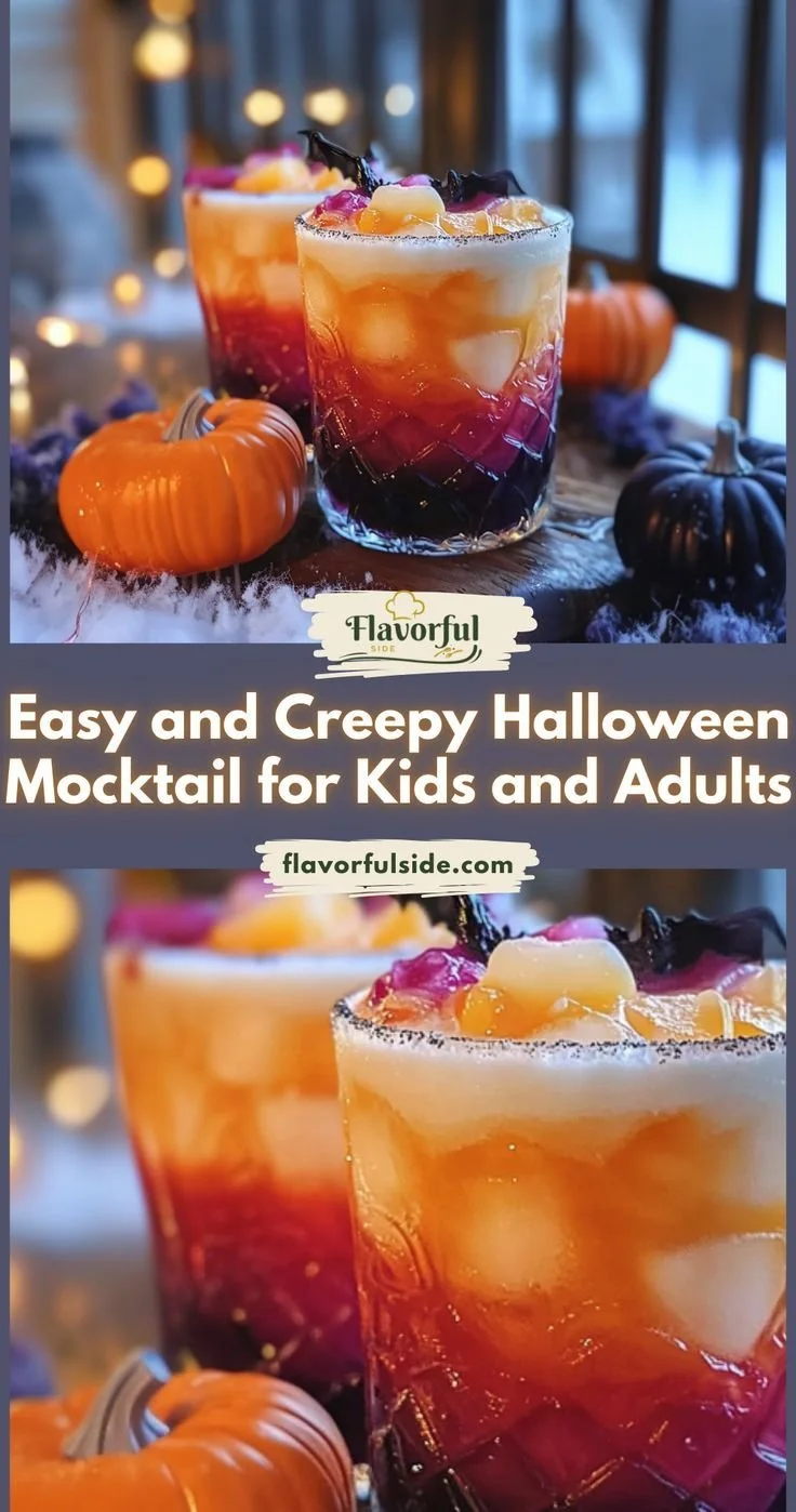 A spooky Halloween mocktail garnished with spooky decor and seasonal fruits.
