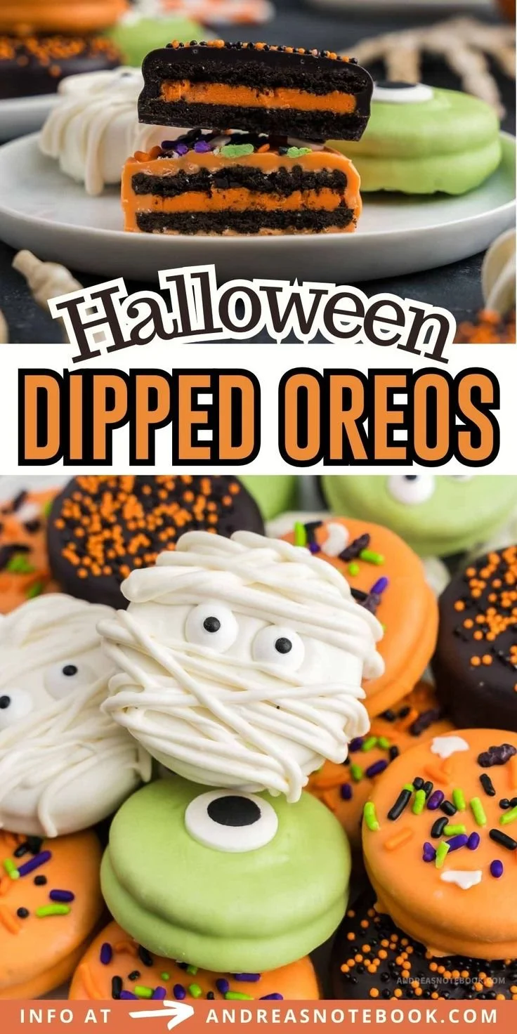Chocolate dipped Halloween Oreo cookies decorated for spooky celebrations