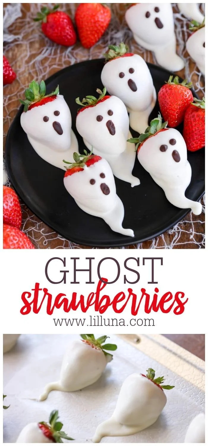 Delicious strawberry ghosts, a fun Halloween treat with strawberries and ghostly decorations.