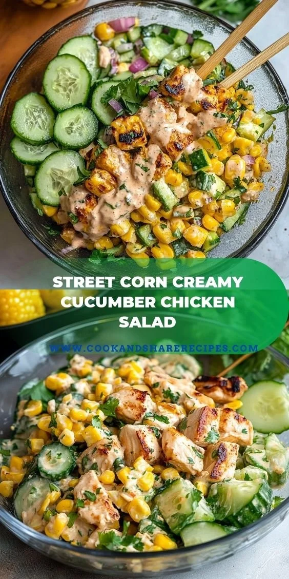 Street Corn Creamy Cucumber Chicken Salad served in a bowl, garnished with fresh herbs