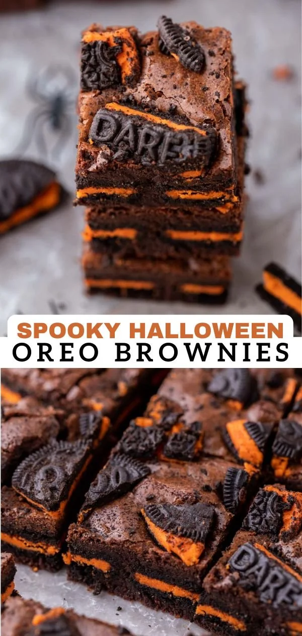 Delicious Halloween Oreo Brownies topped with festive decorations and Oreos