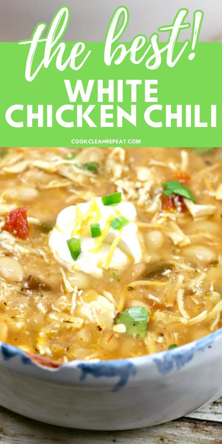 Delicious bowl of white chicken chili topped with cilantro and cheese