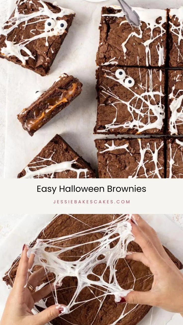 Delicious Halloween brownies decorated with spooky designs.