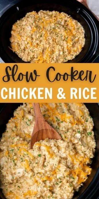 Creamy chicken and rice dish made in a slow cooker, showing texture and ingredients.