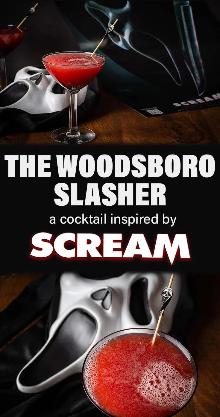 Woodsboro Slasher cocktail inspired by Scream 2022 featuring blood-red ingredients.