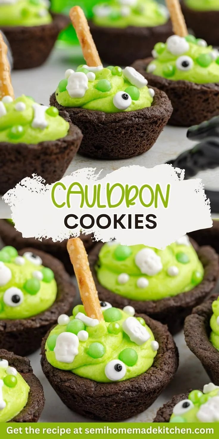 Halloween cauldron cookies filled with green treats made from chocolate cake mix.