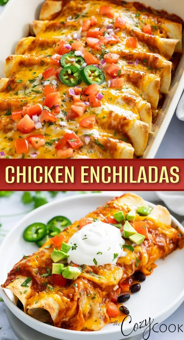 Delicious chicken enchiladas topped with cheese and black beans on a plate