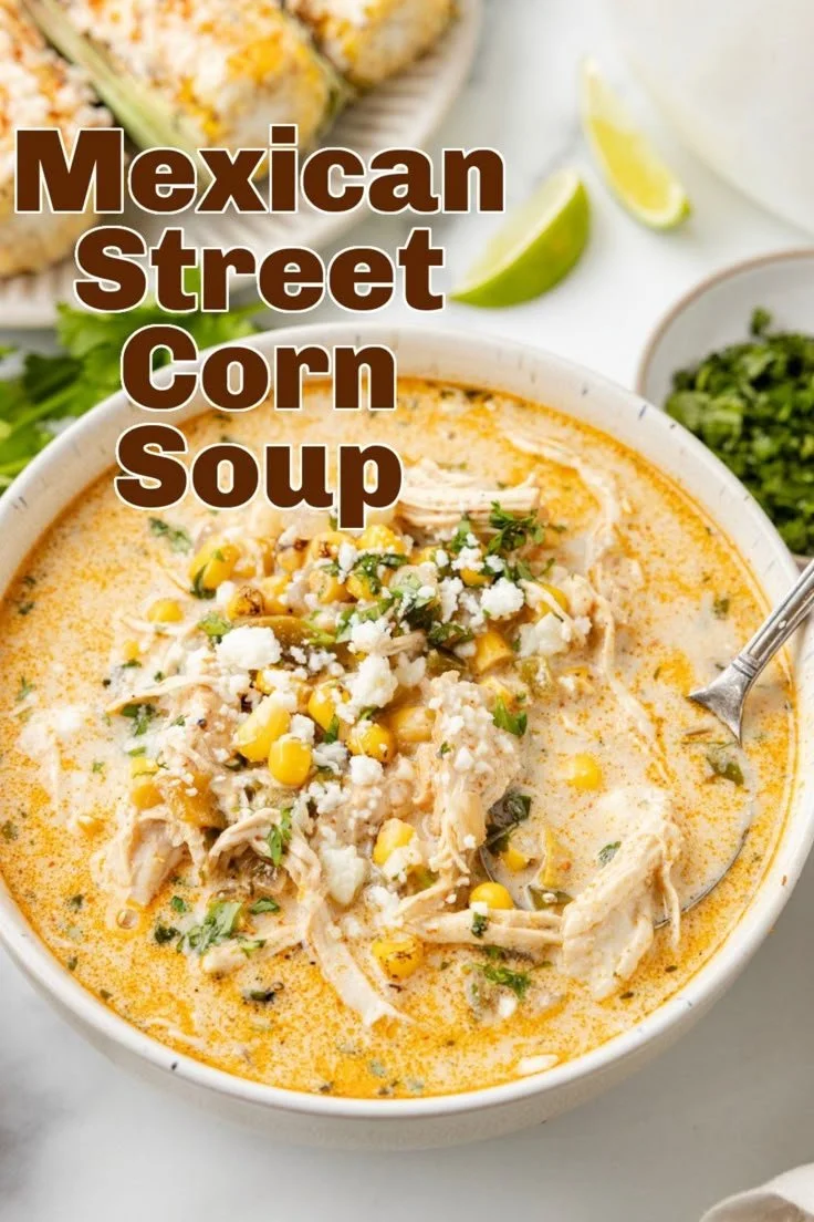 Bowl of Mexican Street Corn Soup garnished with cilantro and lime.