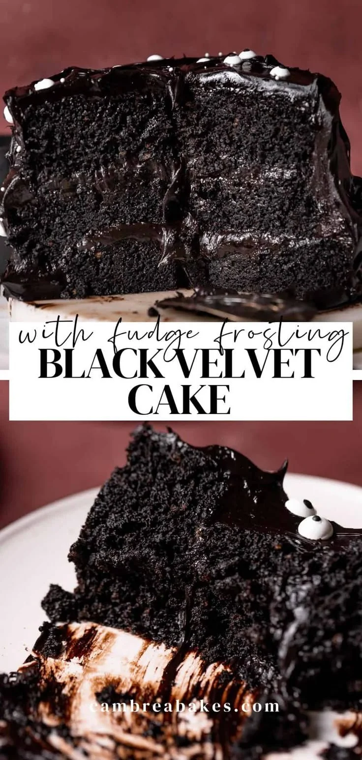 Ultra moist black velvet cake made without dye, showcasing rich dark layers.