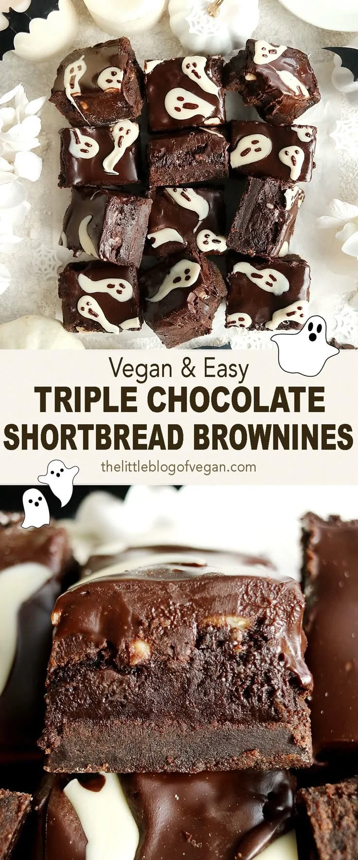 Vegan triple chocolate shortbread brownies topped with chocolate drizzles