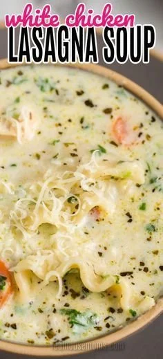 White chicken lasagna soup served in a bowl with basil garnish