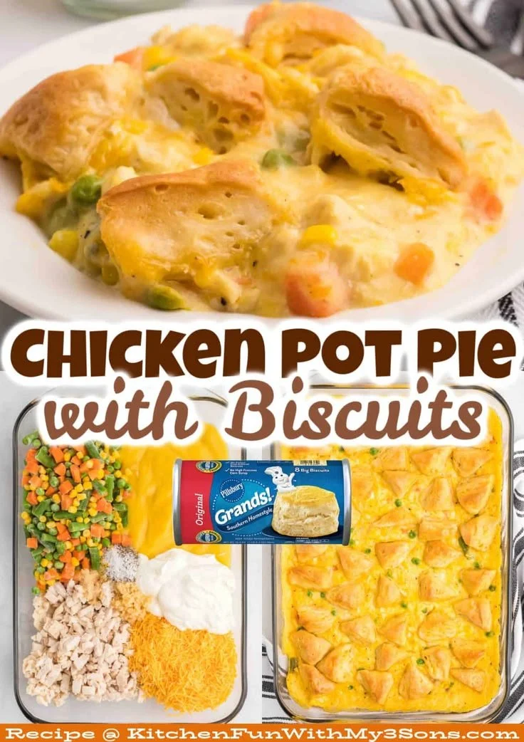 Delicious homemade Chicken Pot Pie with Biscuits ready to serve.